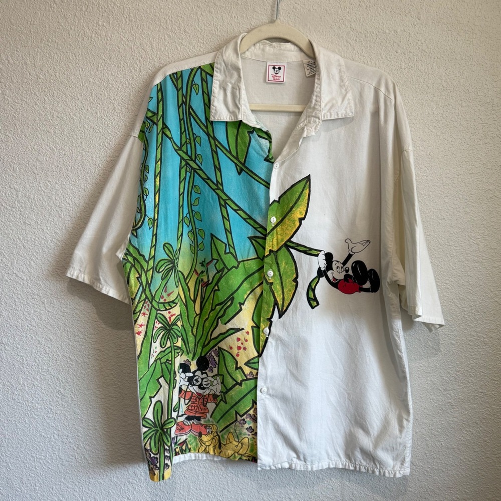 VTG 90 Disney Wear Mickey Mouse Jungle Graphic Button Down Shirt Vacation Resort